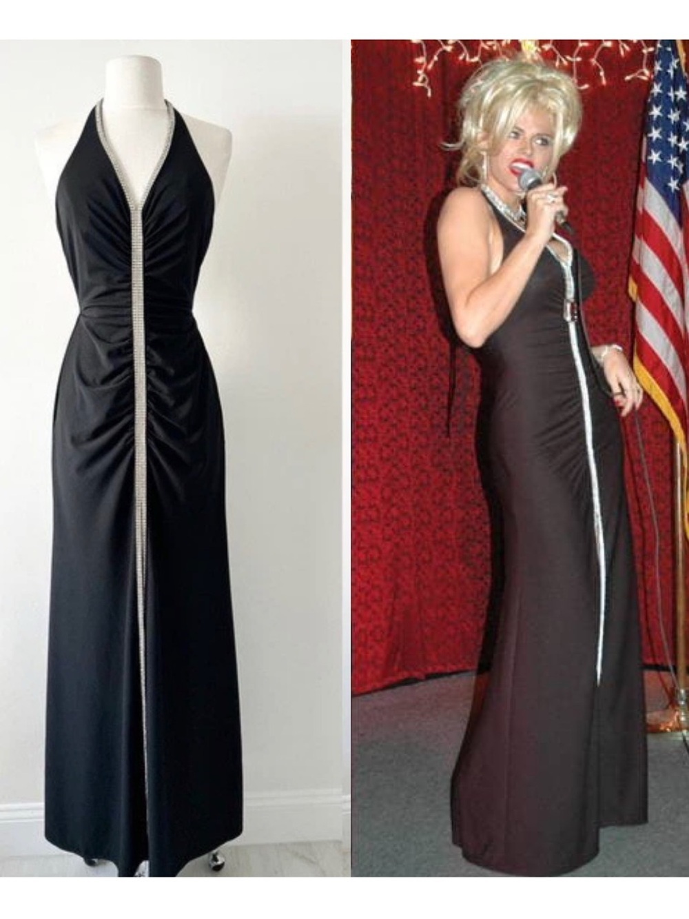 Vintage Cache Black Rhinestone Low Back Halter Maxi Long Dress Size XS